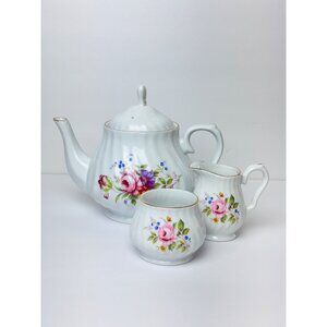 Royal Oak Porcelain Floral Tea Set with Gold Trim Teapot Sugar Bowl Creamer
